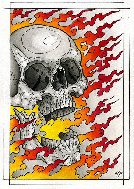 Tattoos - Flaming Skull Watercolor - 74174